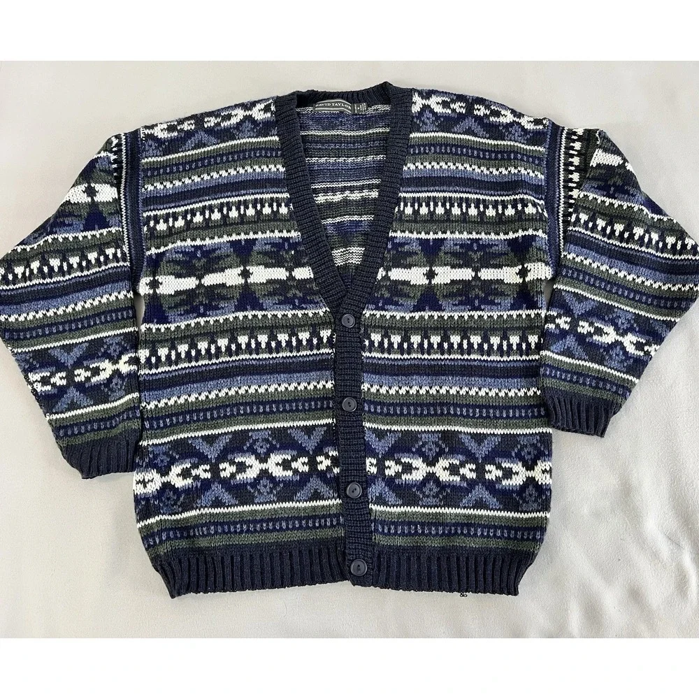 Vtg DAVID TAYLOR Cardigan Sweater Mens M Geometric Knit 90s Grandpa Acrylic‎ Y2K